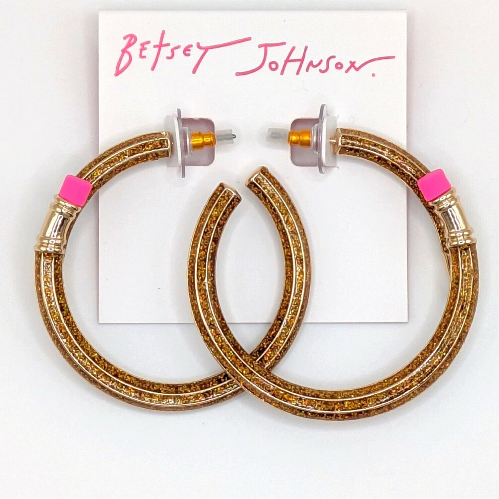 NWT ⚜️✏️⚜️ Betsey Johnson Brown Golden Tone Glittery Pencil Hoop Earrings - Picture 4 of 12